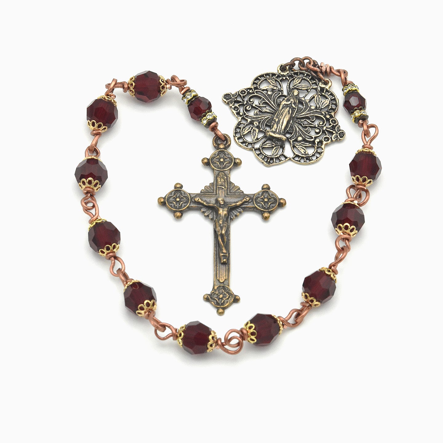 Handmade Preciosa Crystal & Copper One-Decade Pocket Chaplet – One of One (13″ Length)