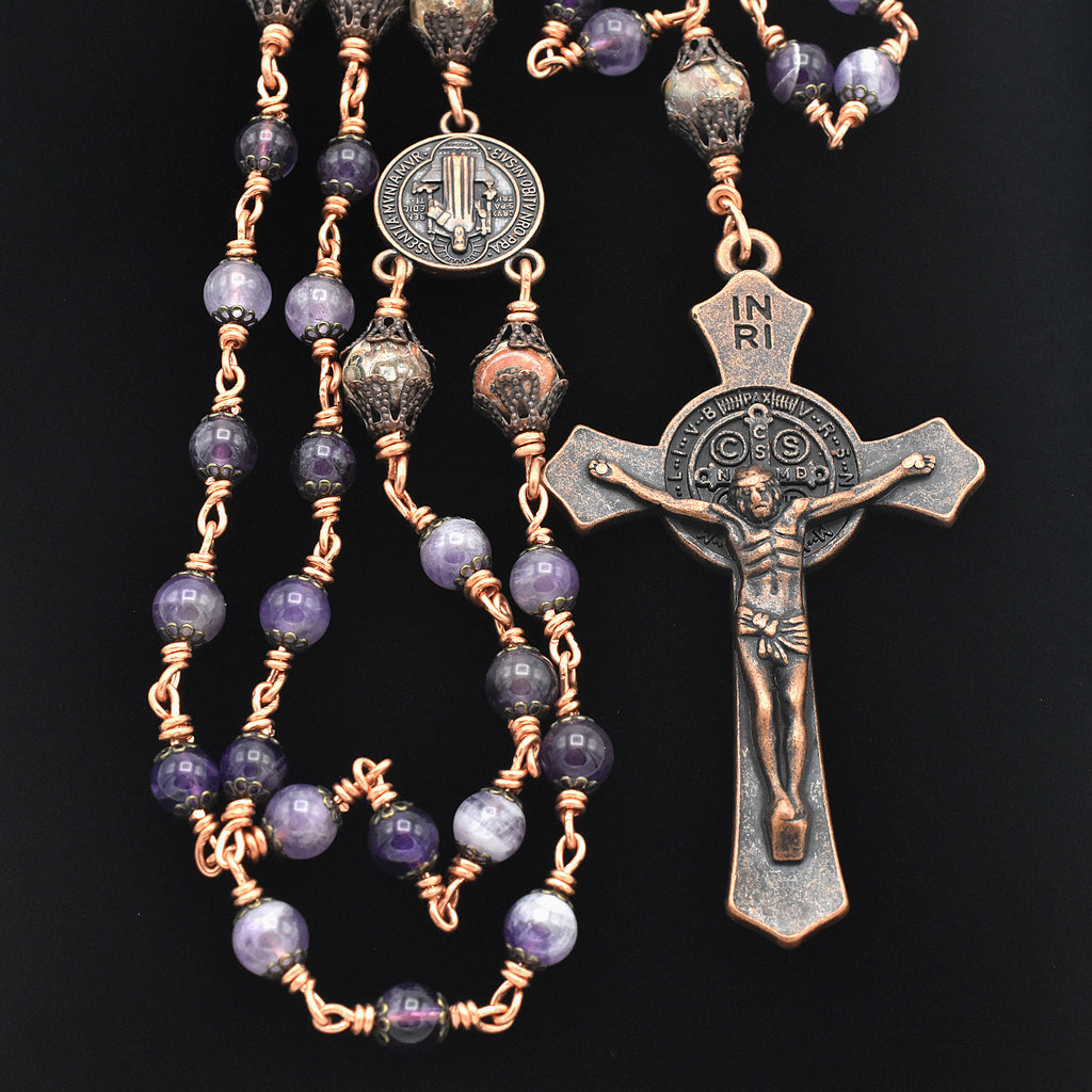 Handmade Copper Amethyst & Leopard Jasper Five-Decade Rosary – One of One (25.5″ Length)