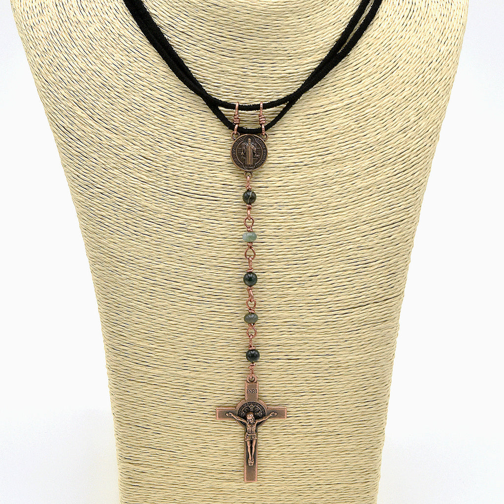 One-of-a-Kind Suede St. Benedict Cross Choker – Handmade Copper & Agate Sacred Necklace
