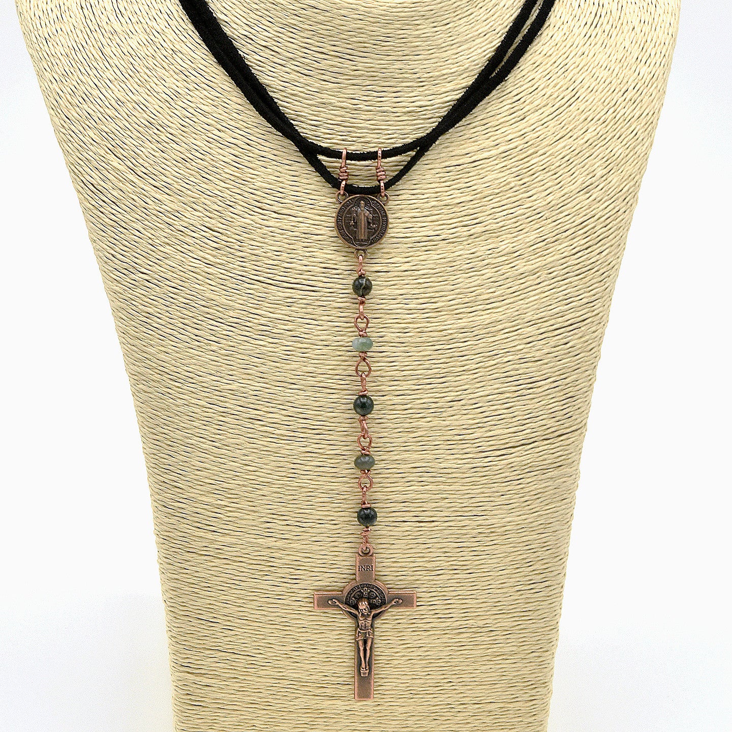 One-of-a-Kind Suede St. Benedict Cross Choker – Handmade Copper & Agate Sacred Necklace