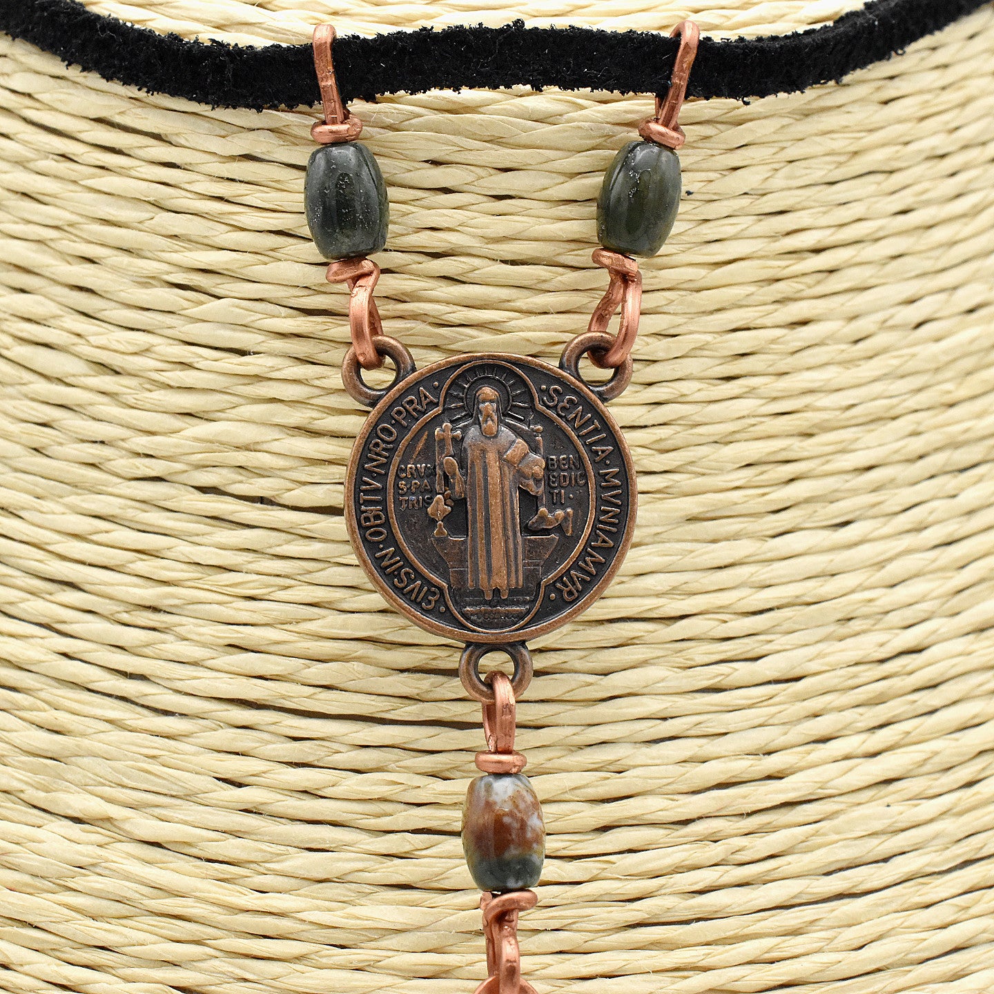 One-of-a-Kind Suede St. Benedict Cross Choker – Handmade Copper & Agate Sacred Necklace