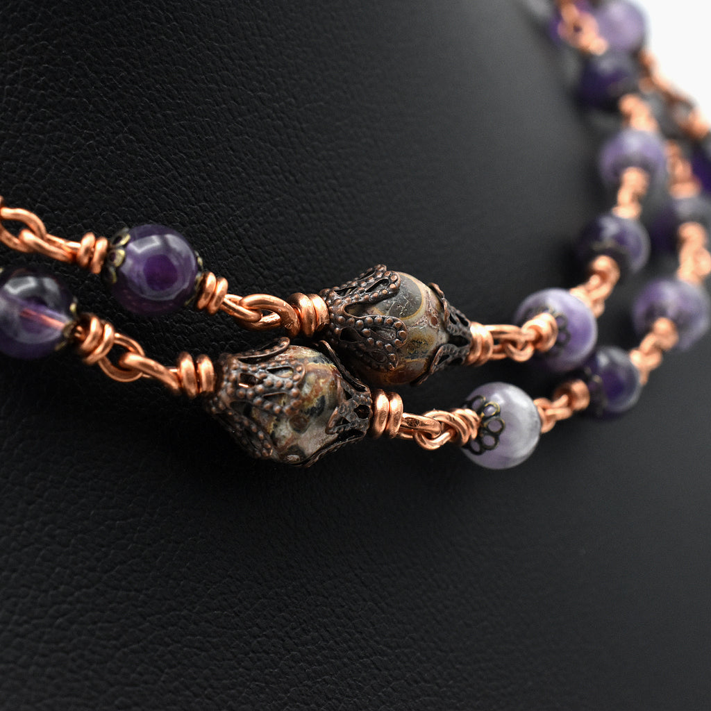 Handmade Copper Amethyst & Leopard Jasper Five-Decade Rosary – One of One (25.5″ Length)