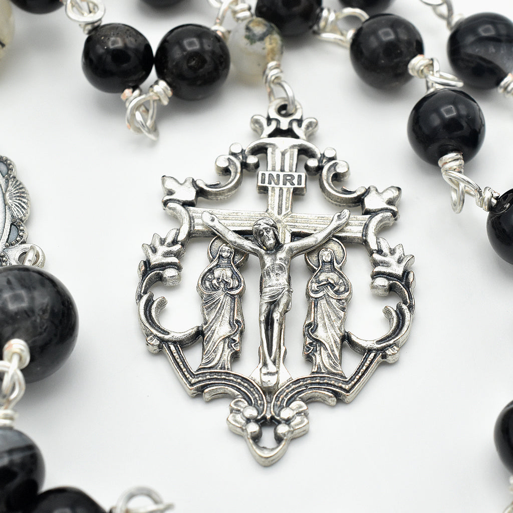 Handmade Silver-Plated Quartz & Black Agate Five-Decade Wall Rosary – One of One (33″ Length)