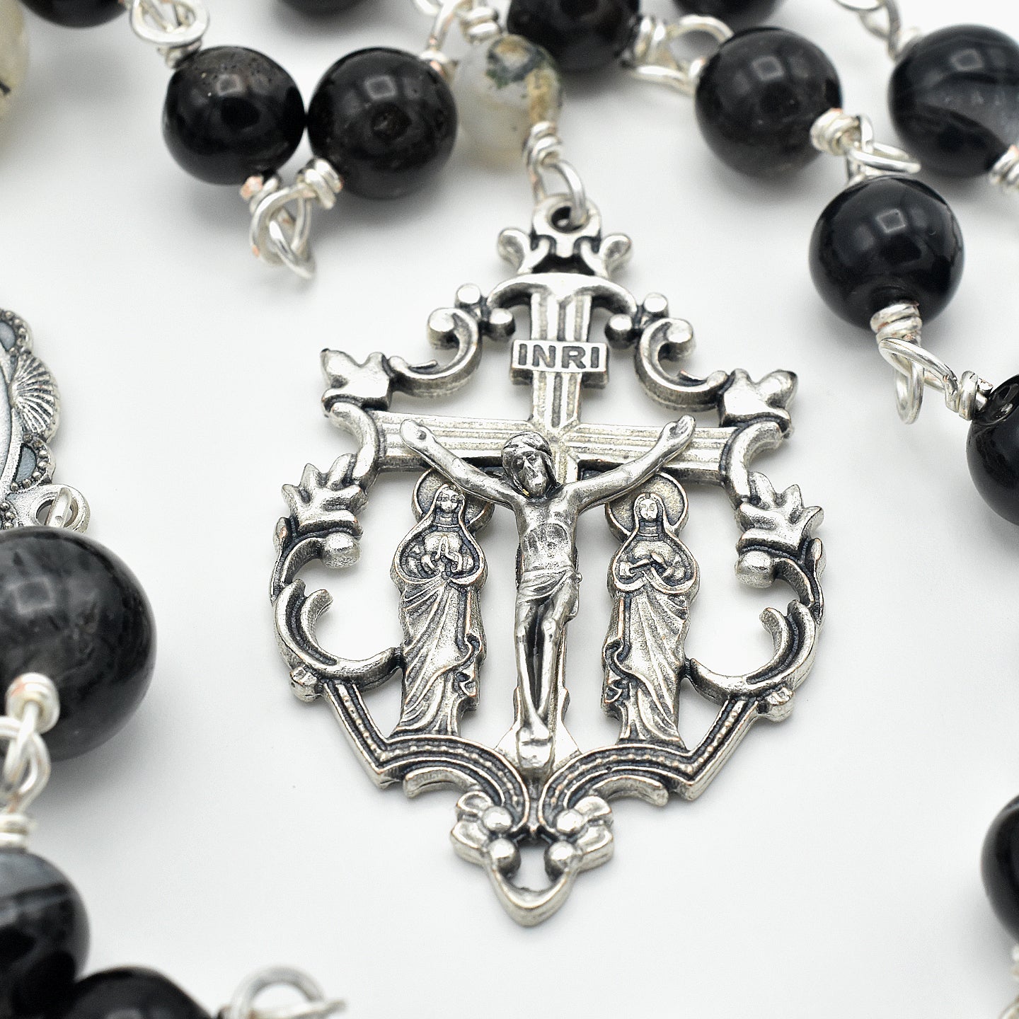 Handmade Silver-Plated Quartz & Black Agate Five-Decade Wall Rosary – One of One (33″ Length)