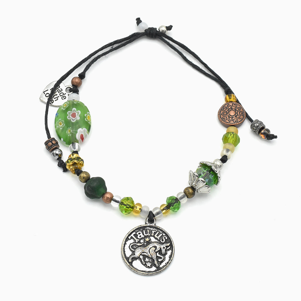 Handmade Taurus Astrology Bracelet – Millefiori Glass – Adjustable – One of One