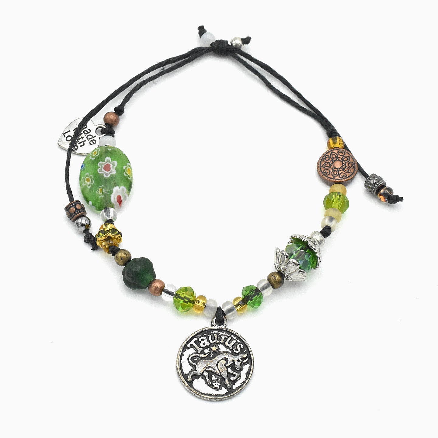 Handmade Taurus Zodiac Bracelet – Millefiori Glass – Adjustable – One of One