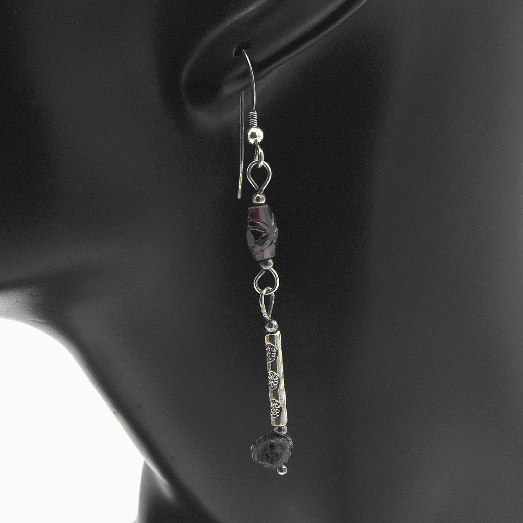 Handmade Almandite Garnet & Natural Stone Drop Earrings – Sterling Silver – One of One (2.5" Length)