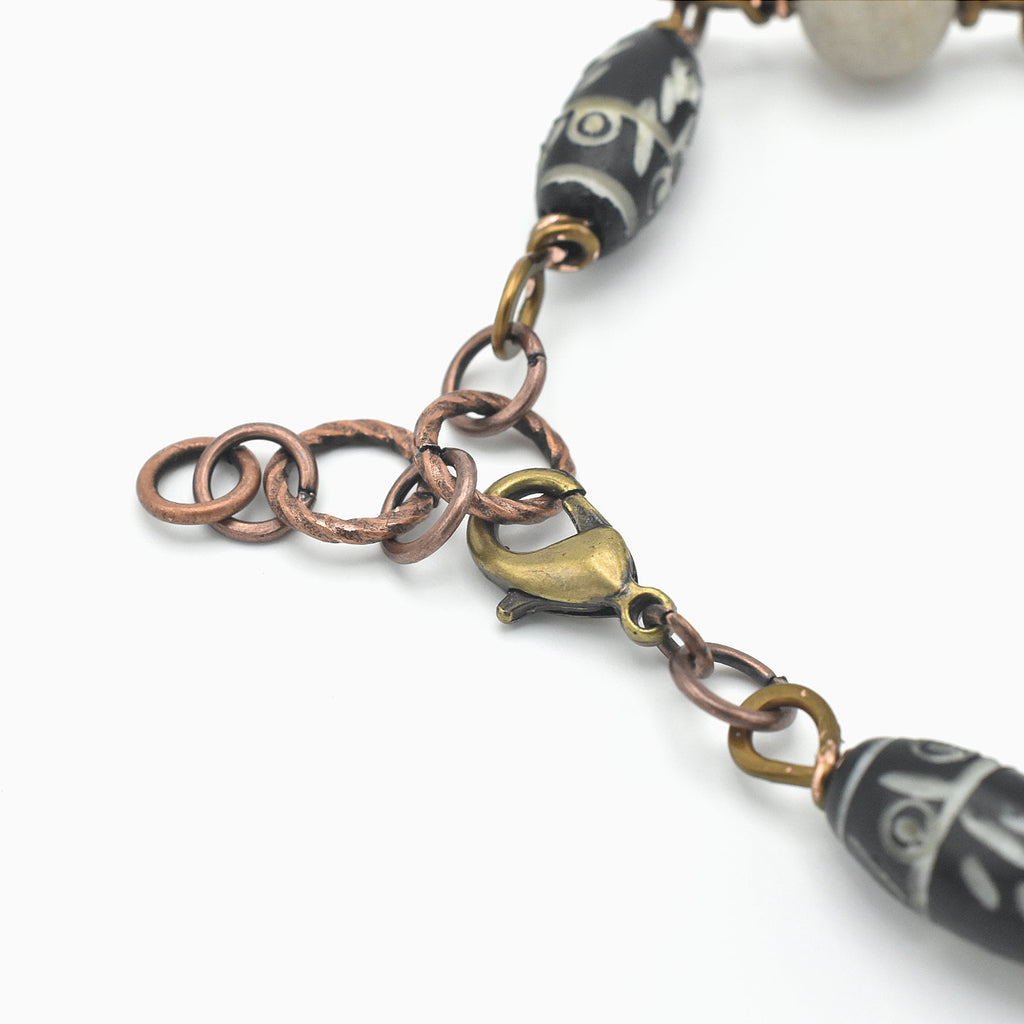 Handcrafted Carved Bone Mandala Choker Necklace with Etched Black Bone, Natural Agate & Handmade Copper Links – 17"