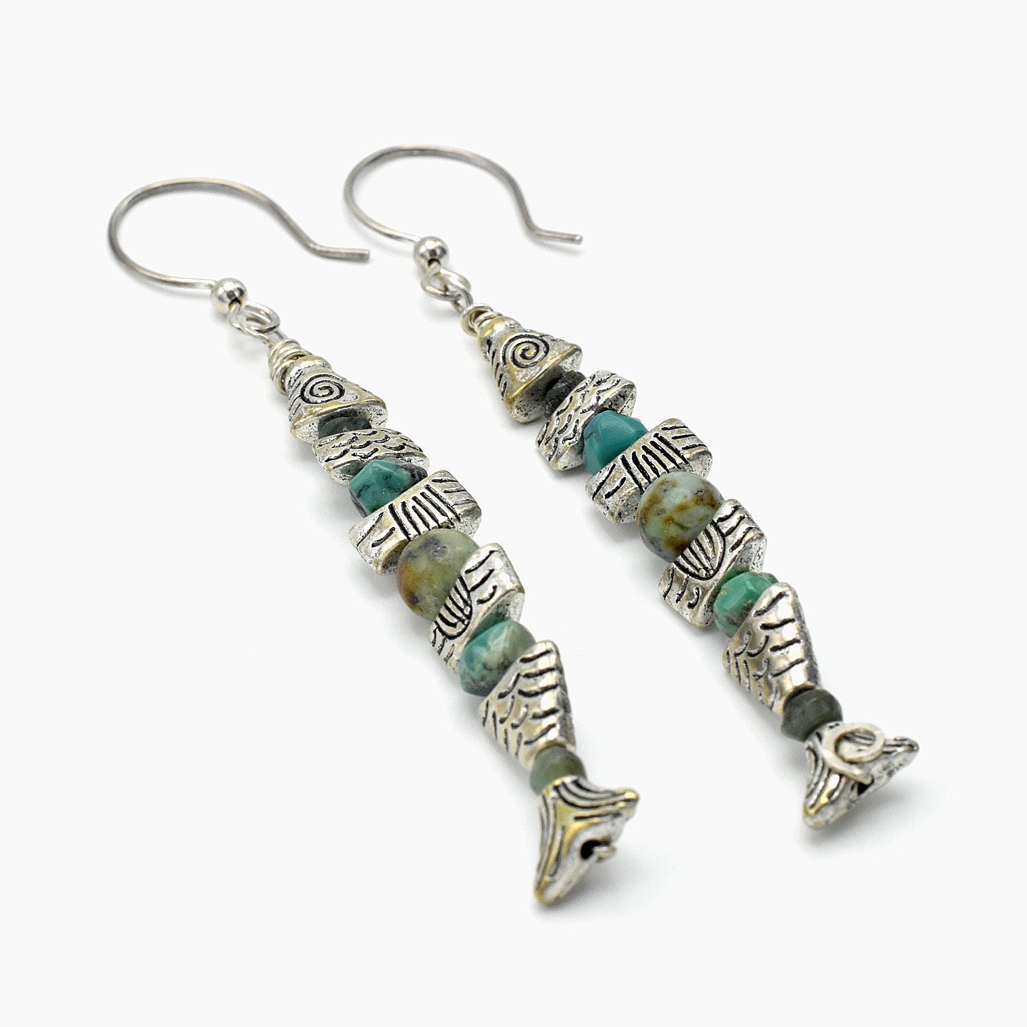 Handmade Fish Drop Earrings – Sterling Silver – Emerald & African Turquoise – One of One (3.8" Length)