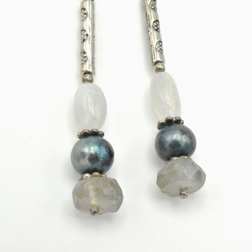 Handmade Moonstone & Labradorite Drop Earrings – One of One (2" Length)