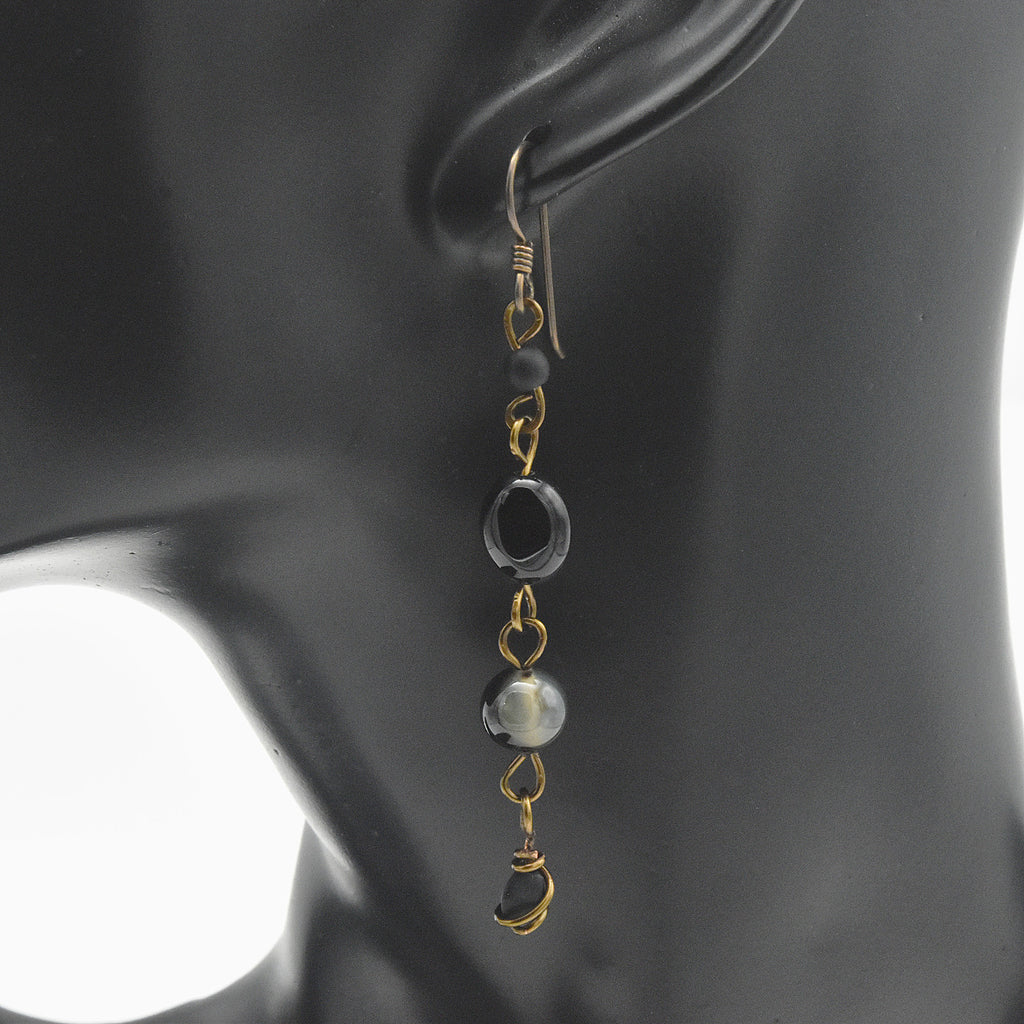 Handmade Black Agate Dangle Earrings – Copper Niobium Earwires – One of One (2.5" Length)