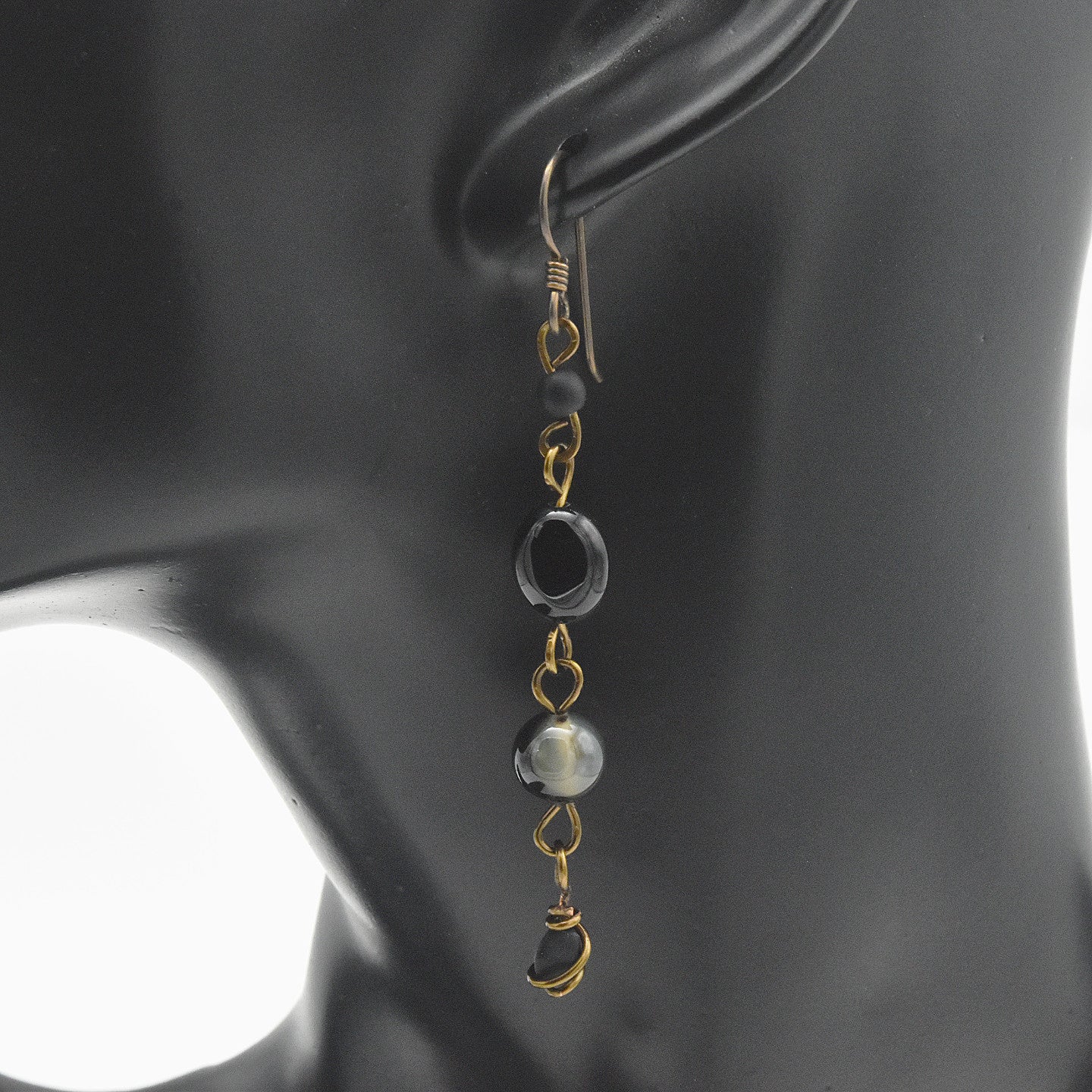 Handmade Black Agate Dangle Earrings – Copper Niobium Earwires – One of One (2.5" Length)