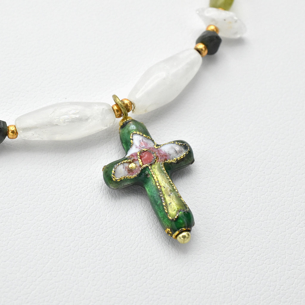 Handmade Gemstone Spiritual Bracelet – Cloisonné Cross – One of One (7.5-8" Length)