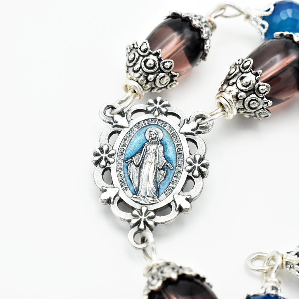 Handmade Silver-Plated Blue Fire Agate & Purple Glass Five-Decade Wall Rosary – One of One (40″ Length)