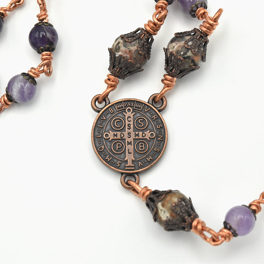 Handmade Copper Amethyst & Leopard Jasper Five-Decade Rosary – One of One (25.5″ Length)