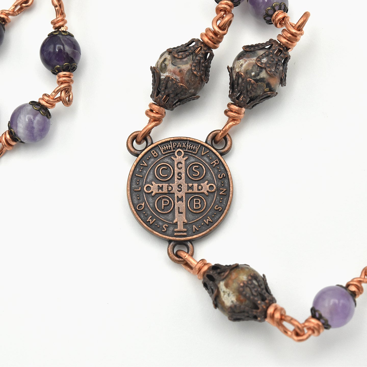 Handmade Copper Amethyst & Leopard Jasper Five-Decade Rosary – One of One (25.5″ Length)
