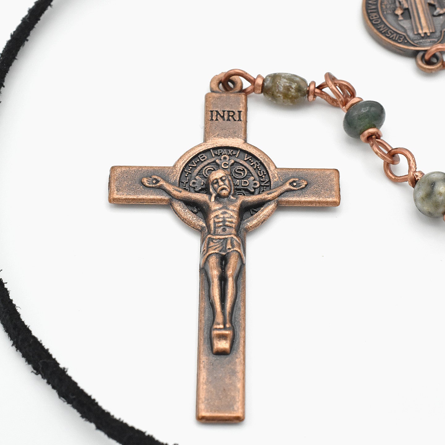 One-of-a-Kind Suede St. Benedict Cross Choker – Handmade Copper & Agate Sacred Necklace