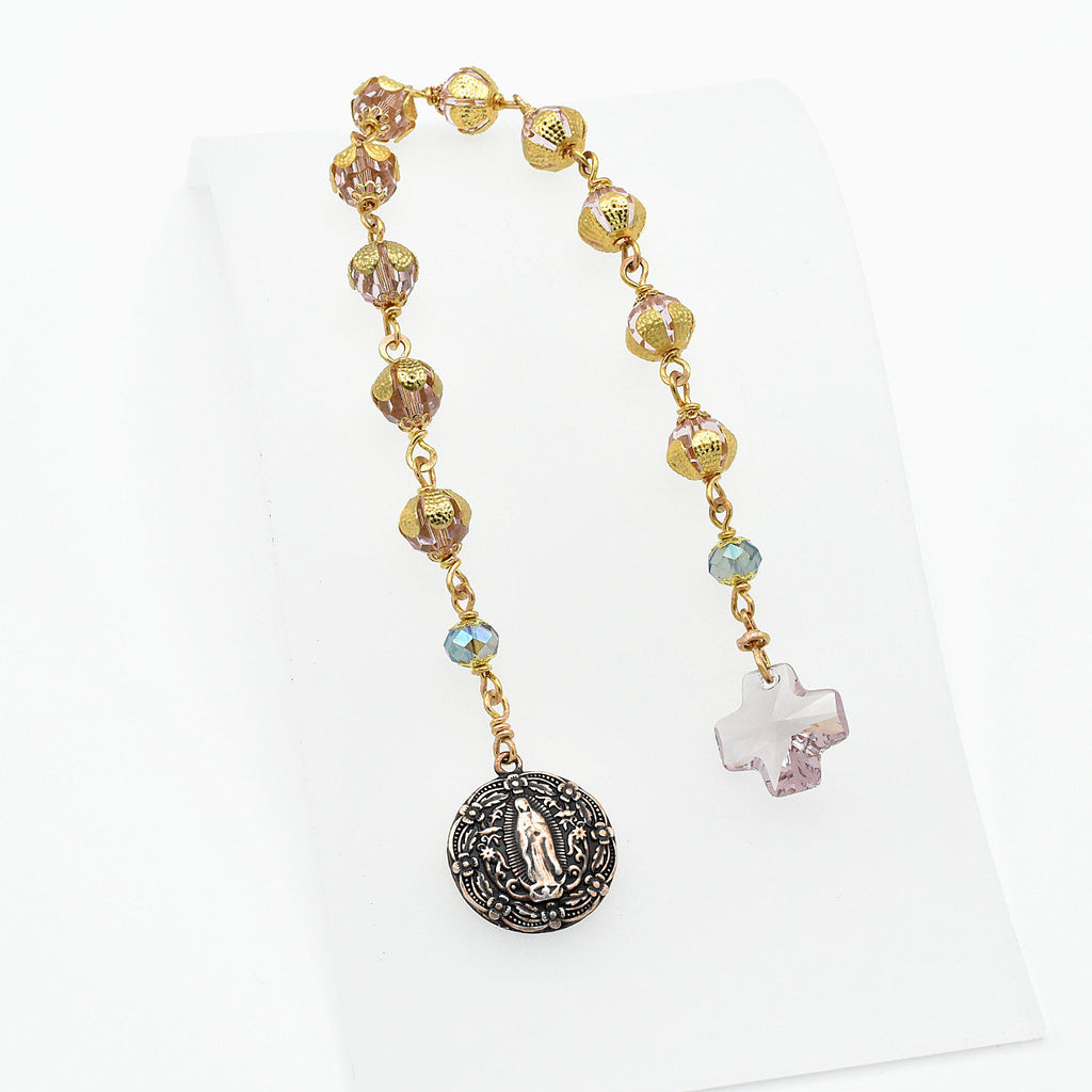 Our Lady of Guadalupe Chaplet - Pink Swarovski Crystal & Gold Toned Pocket Rosary