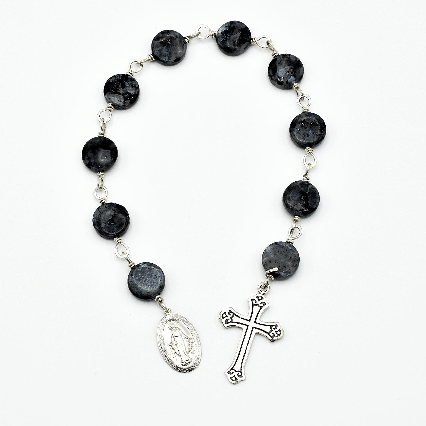 Silver Labradorite Chaplet - Single Decade Pocket Rosary with Miraculous Medal
