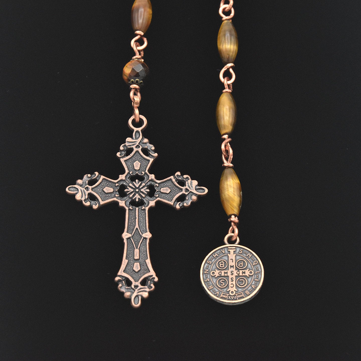 Handmade One-of-a-Kind Italian Copper & Tiger’s Eye Chaplet – 13″ Pocket Rosary