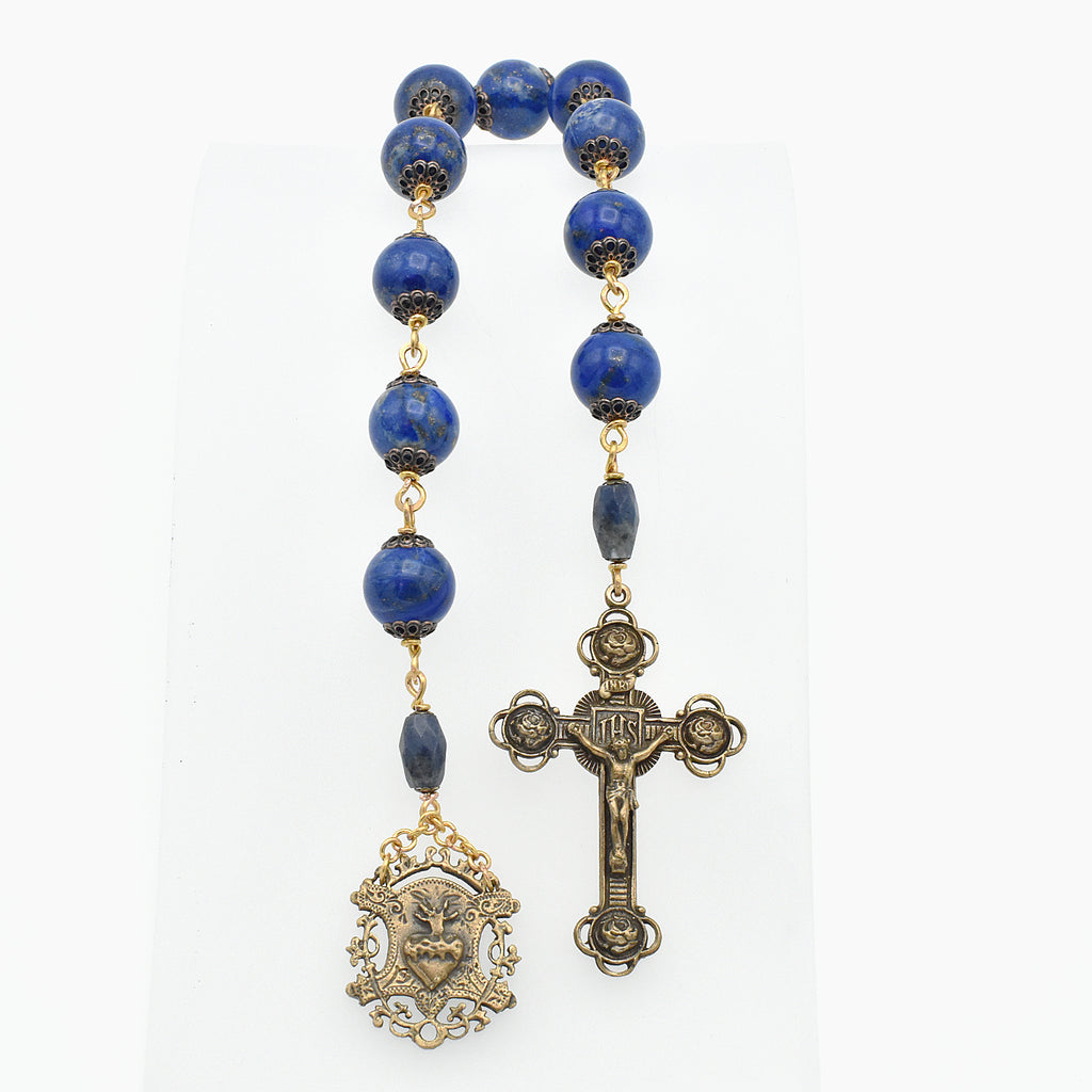 One-of-a-Kind Lapis Lazuli Hand Rosary – Gold Plated & Bronze Pocket Chaplet