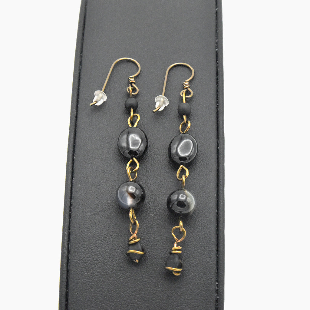 Handmade Black Agate Dangle Earrings – Copper Niobium Earwires – One of One (2.5" Length)