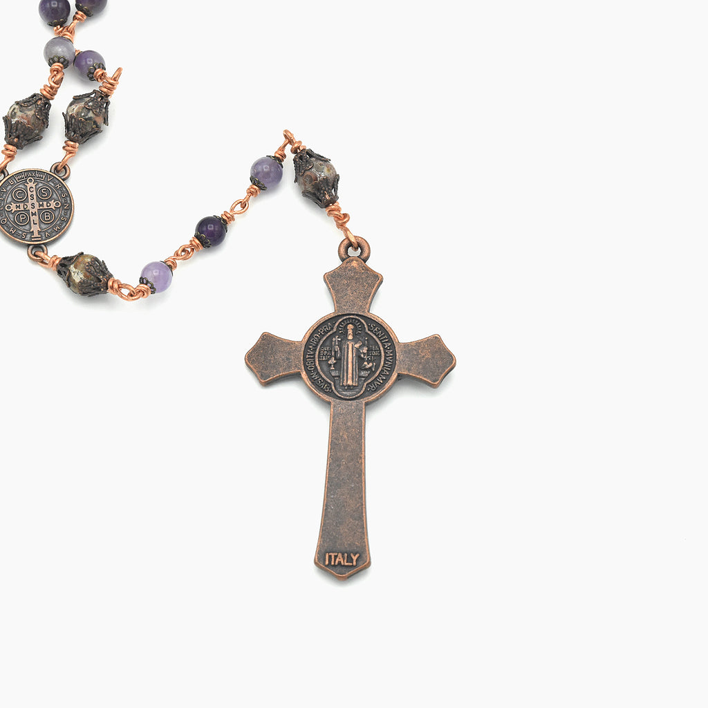 Handmade Copper Amethyst & Leopard Jasper Five-Decade Rosary – One of One (25.5″ Length)
