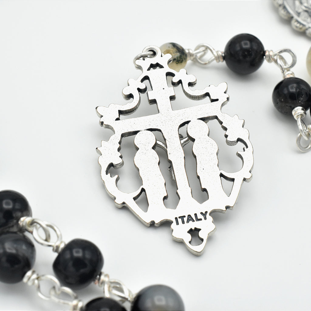 Handmade Silver-Plated Quartz & Black Agate Five-Decade Wall Rosary – One of One (33″ Length)