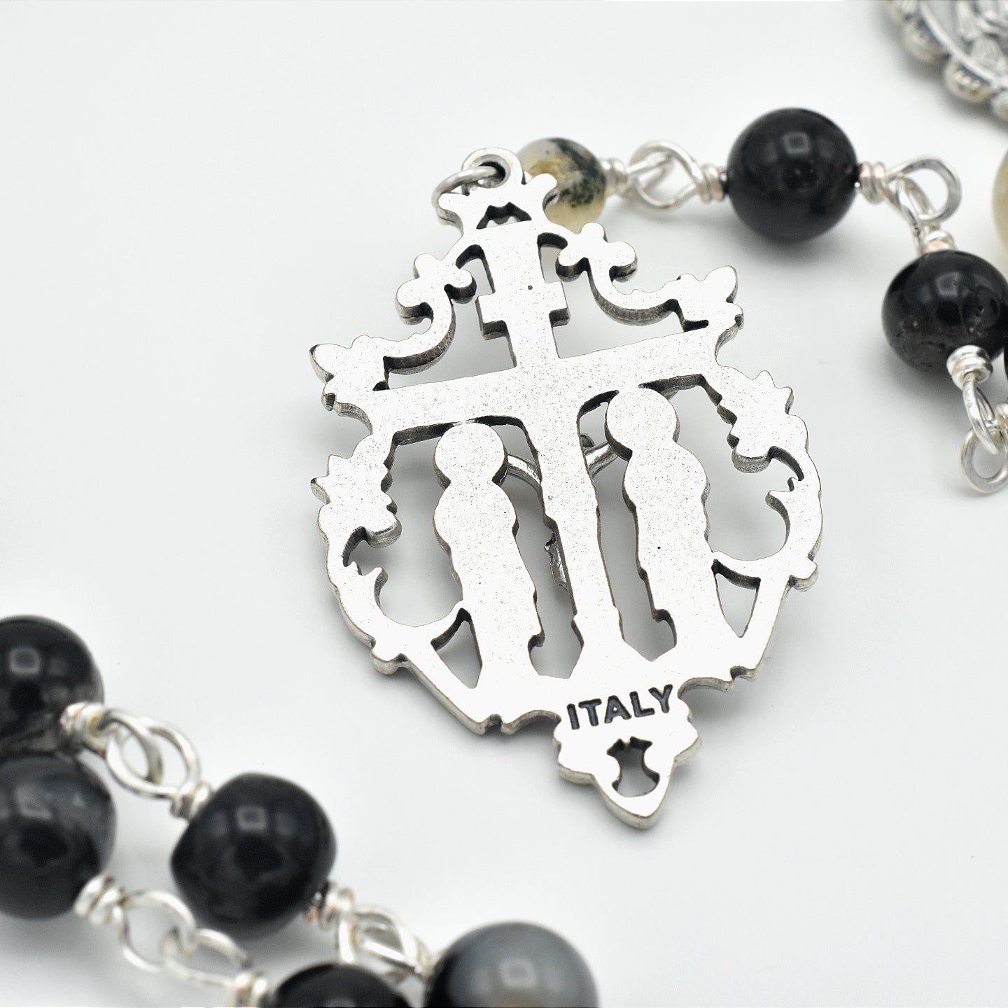 Handmade Silver-Plated Quartz & Black Agate Five-Decade Wall Rosary – One of One (33″ Length)
