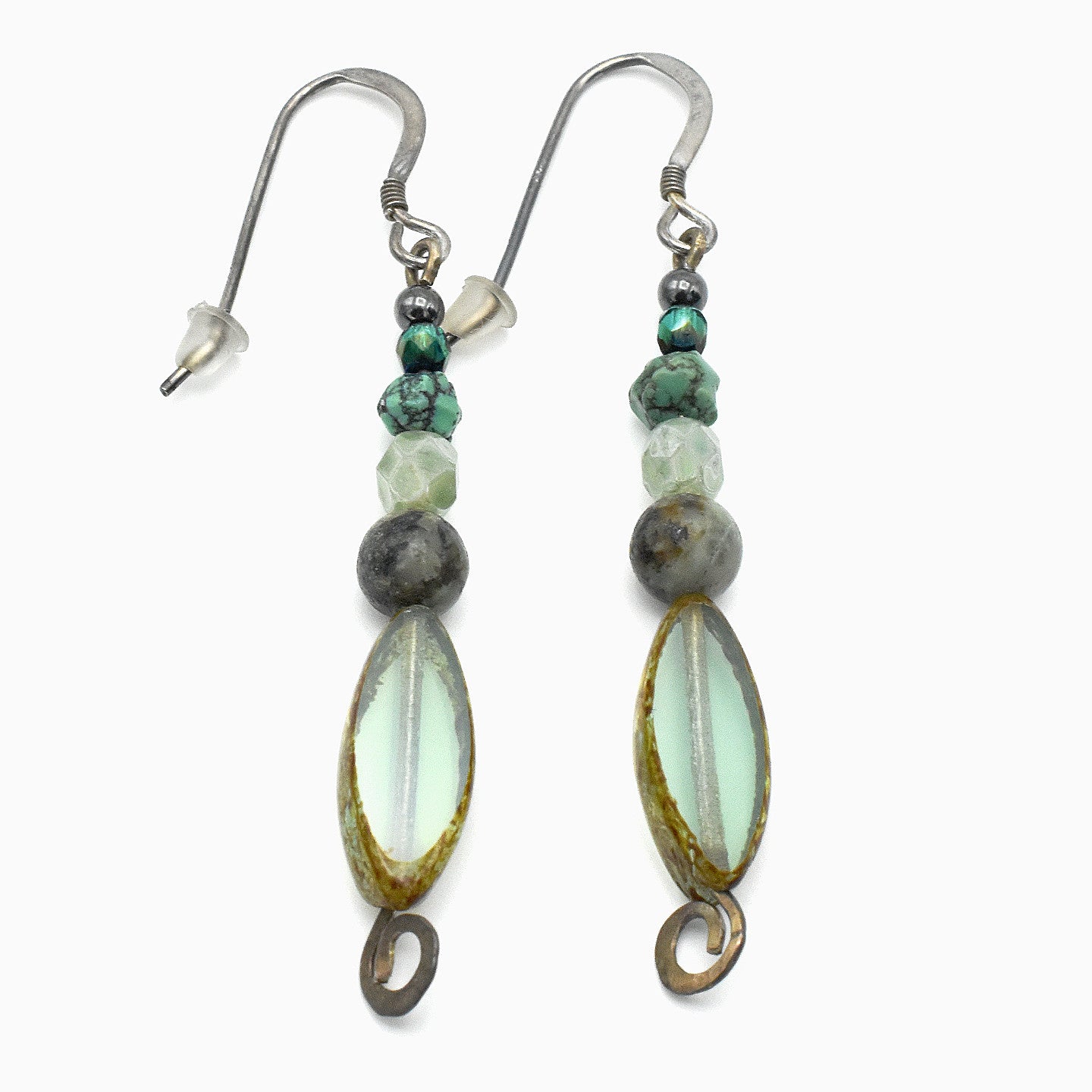 Handmade Turquoise & Glass Drop Earrings – Sterling Silver – One of One (2.5" Length)