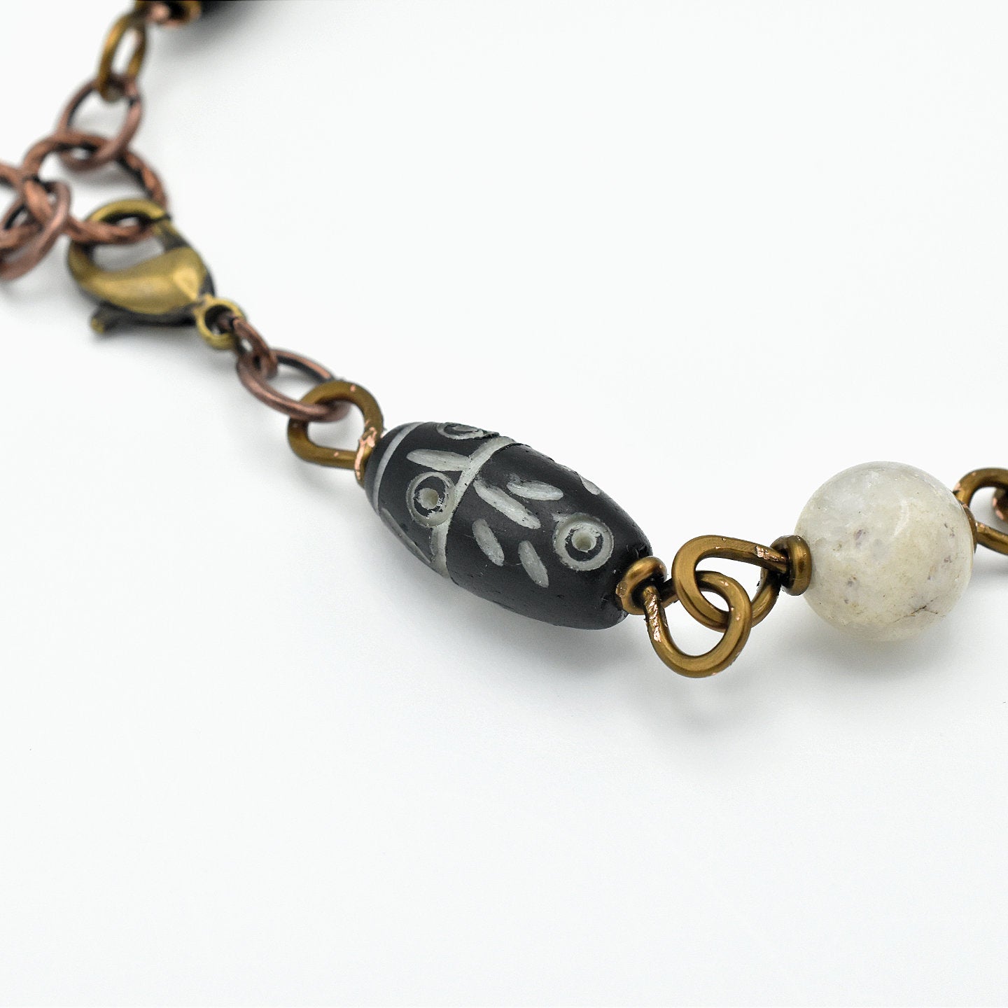 Handcrafted Carved Bone Mandala Choker Necklace with Etched Black Bone, Natural Agate & Handmade Copper Links – 17"
