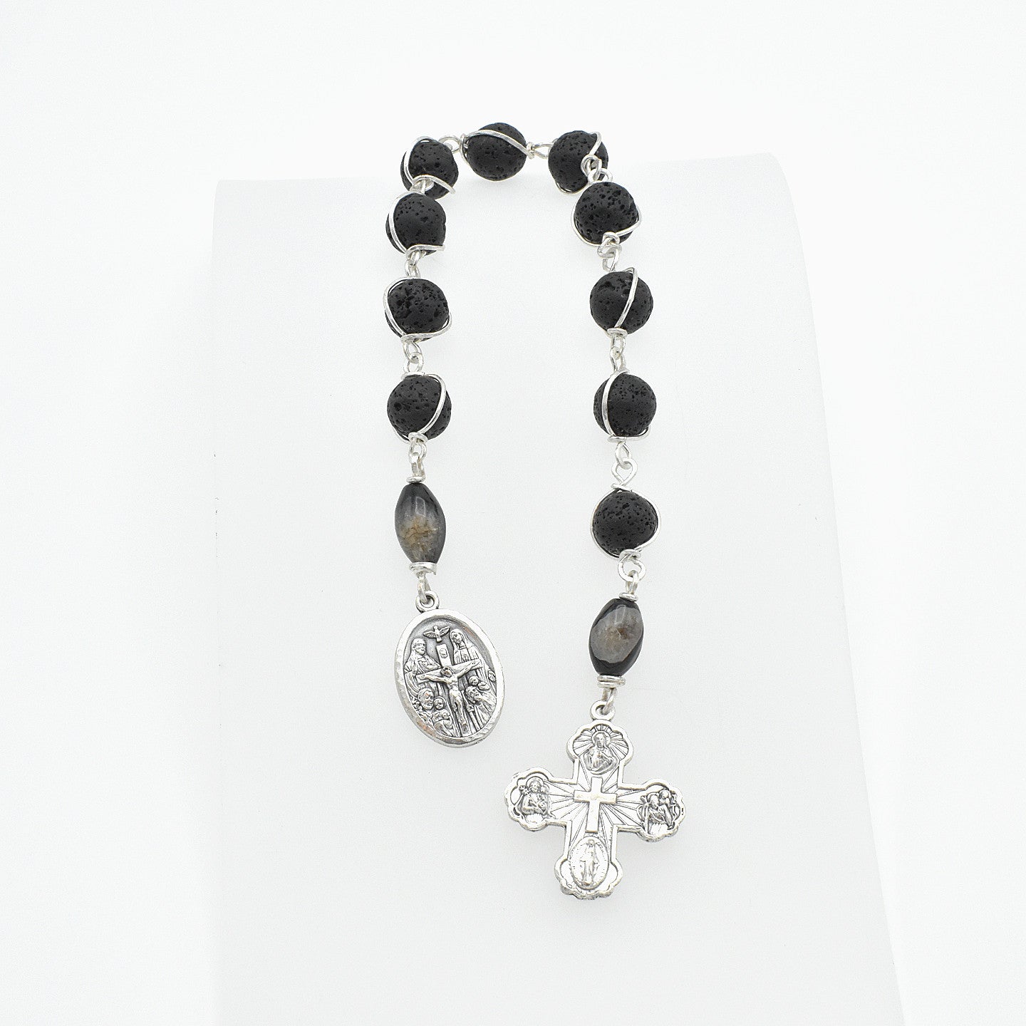 One-of-a-Kind Lava Stone Hand Rosary – Silver Plated Wire Wrapped Pocket Chaplet