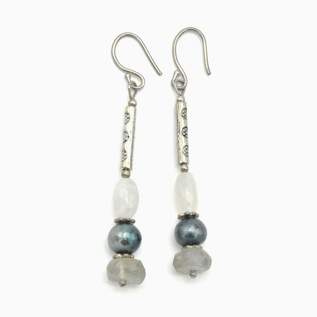 Handmade Moonstone & Labradorite Drop Earrings – One of One (2" Length)