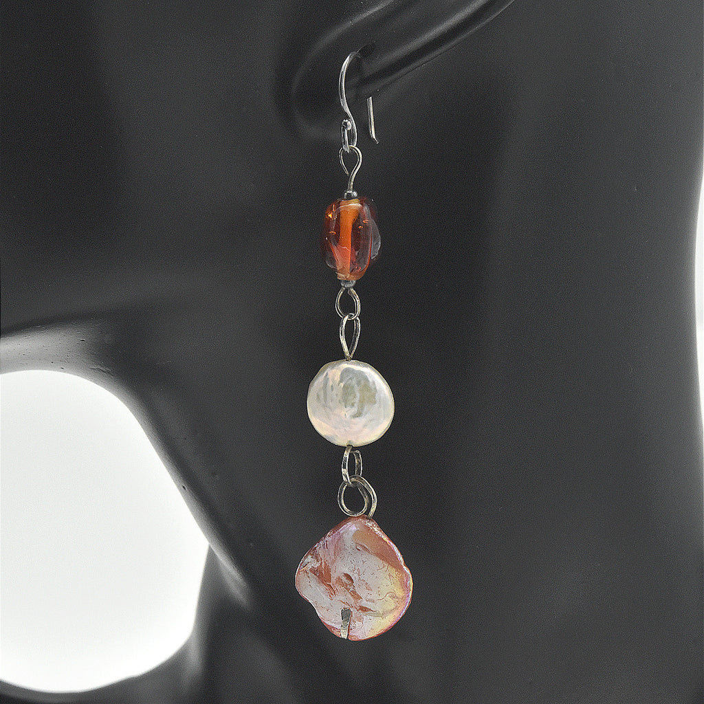 Handmade Lip Shell & Freshwater Pearl Dangle Earrings – One of One (3" Length)