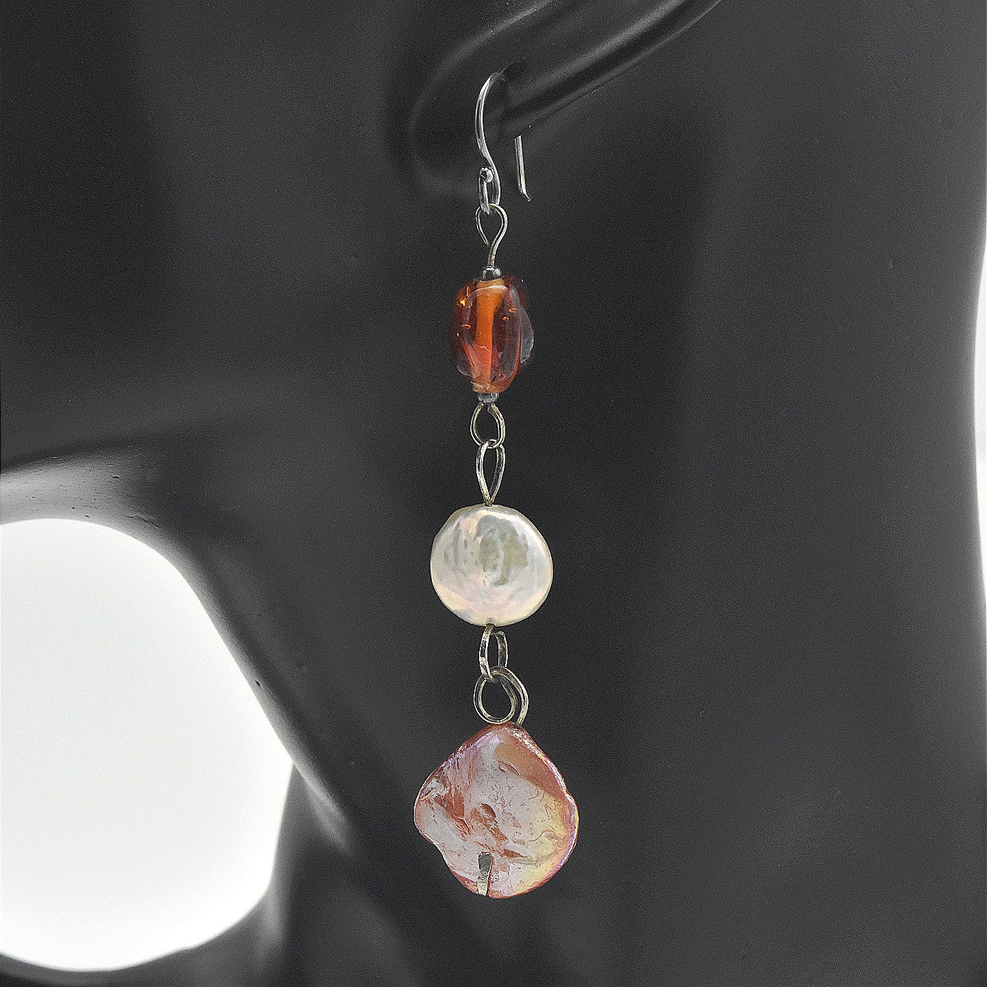 Handmade Lip Shell & Freshwater Pearl Dangle Earrings – One of One (3" Length)