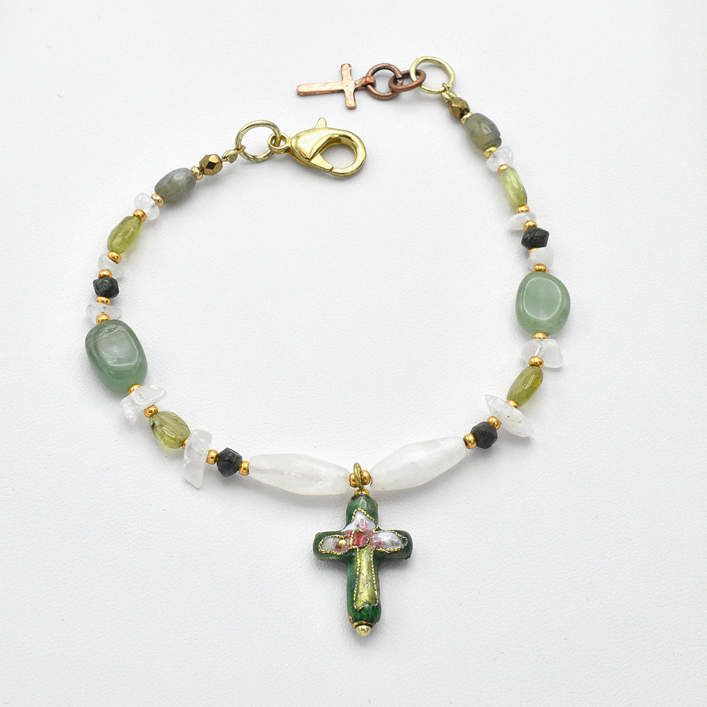 Handmade Gemstone Spiritual Bracelet – Cloisonné Cross – One of One (7.5-8" Length)