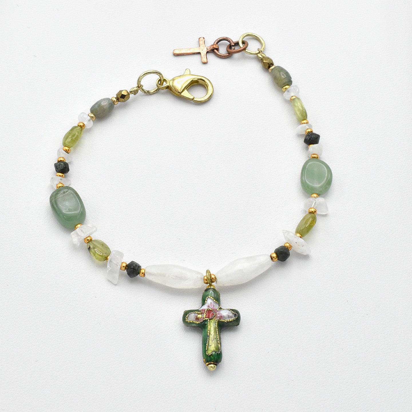 Handmade Gemstone Spiritual Bracelet – Cloisonné Cross – One of One (7.5-8" Length)