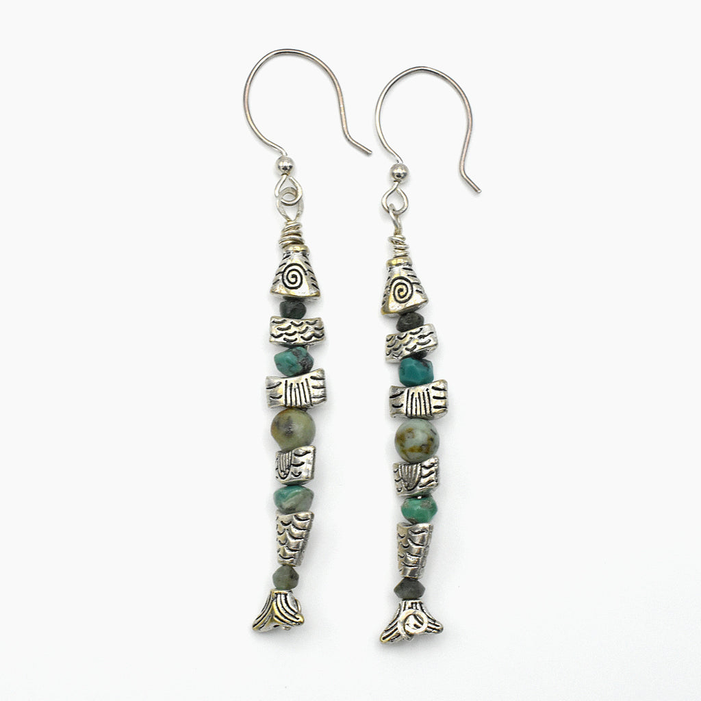 Handmade Fish Drop Earrings – Sterling Silver – Emerald & African Turquoise – One of One (3.8" Length)