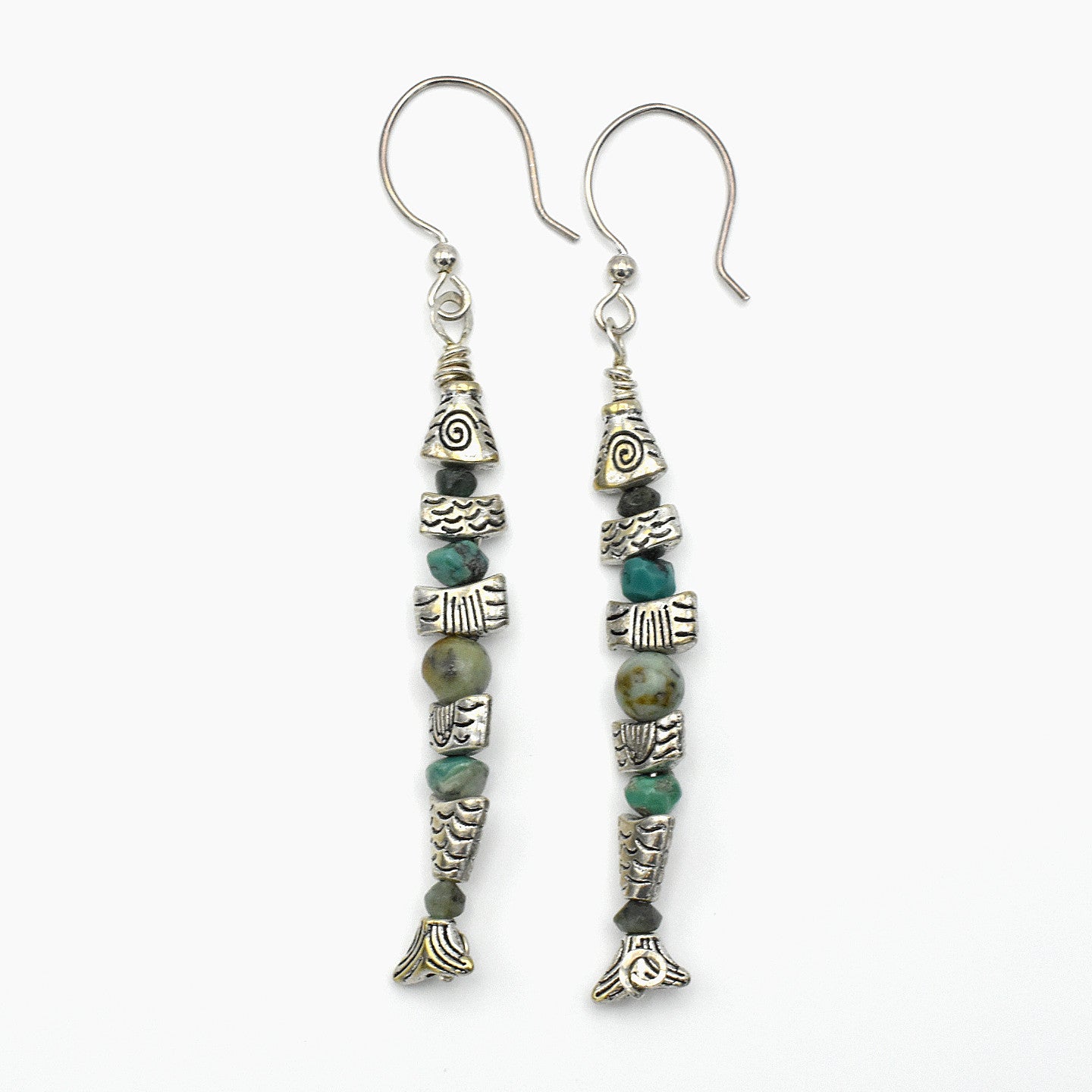 Handmade Fish Drop Earrings – Sterling Silver – Emerald & African Turquoise – One of One (3.8" Length)