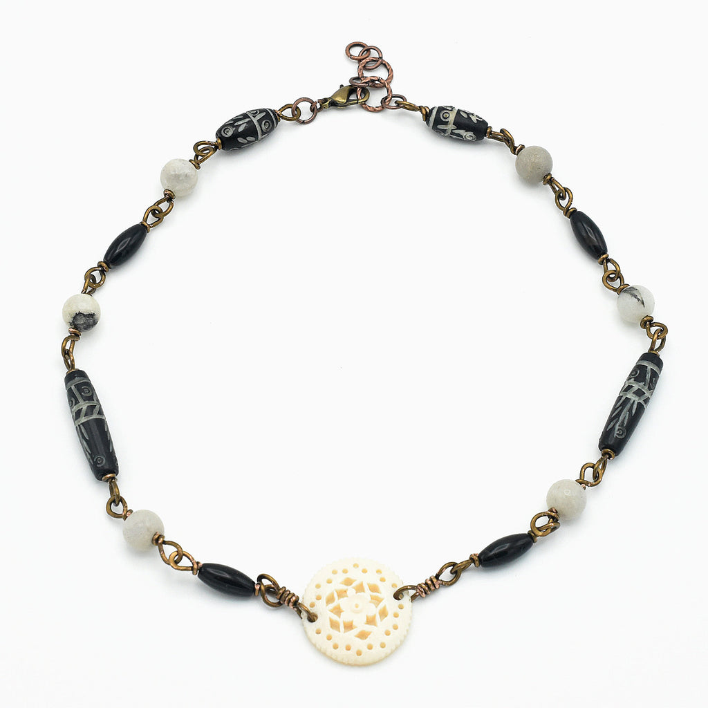 Handcrafted Carved Bone Mandala Choker Necklace with Etched Black Bone, Natural Agate & Handmade Copper Links – 17"