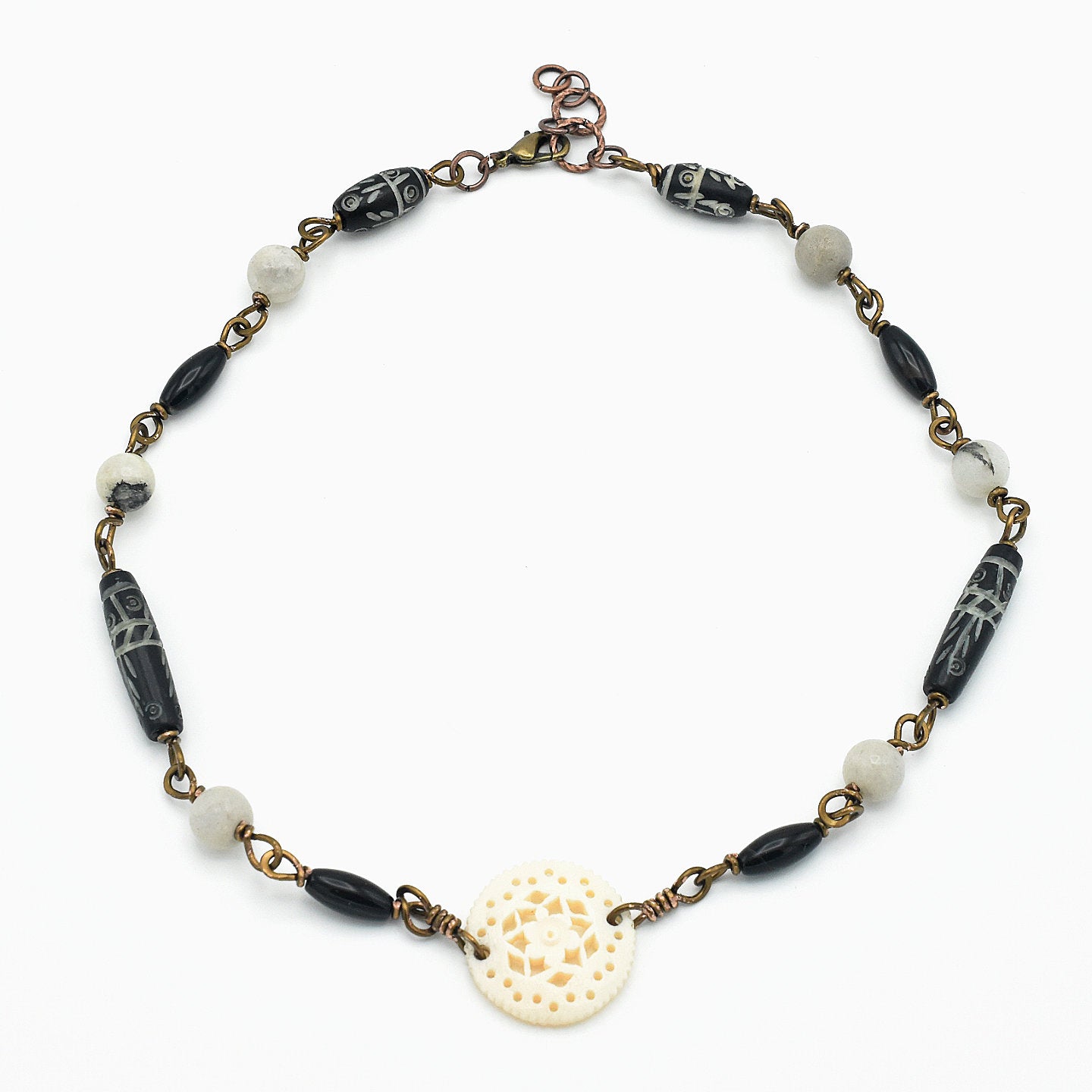 Handcrafted Carved Bone Mandala Choker Necklace with Etched Black Bone, Natural Agate & Handmade Copper Links – 17"