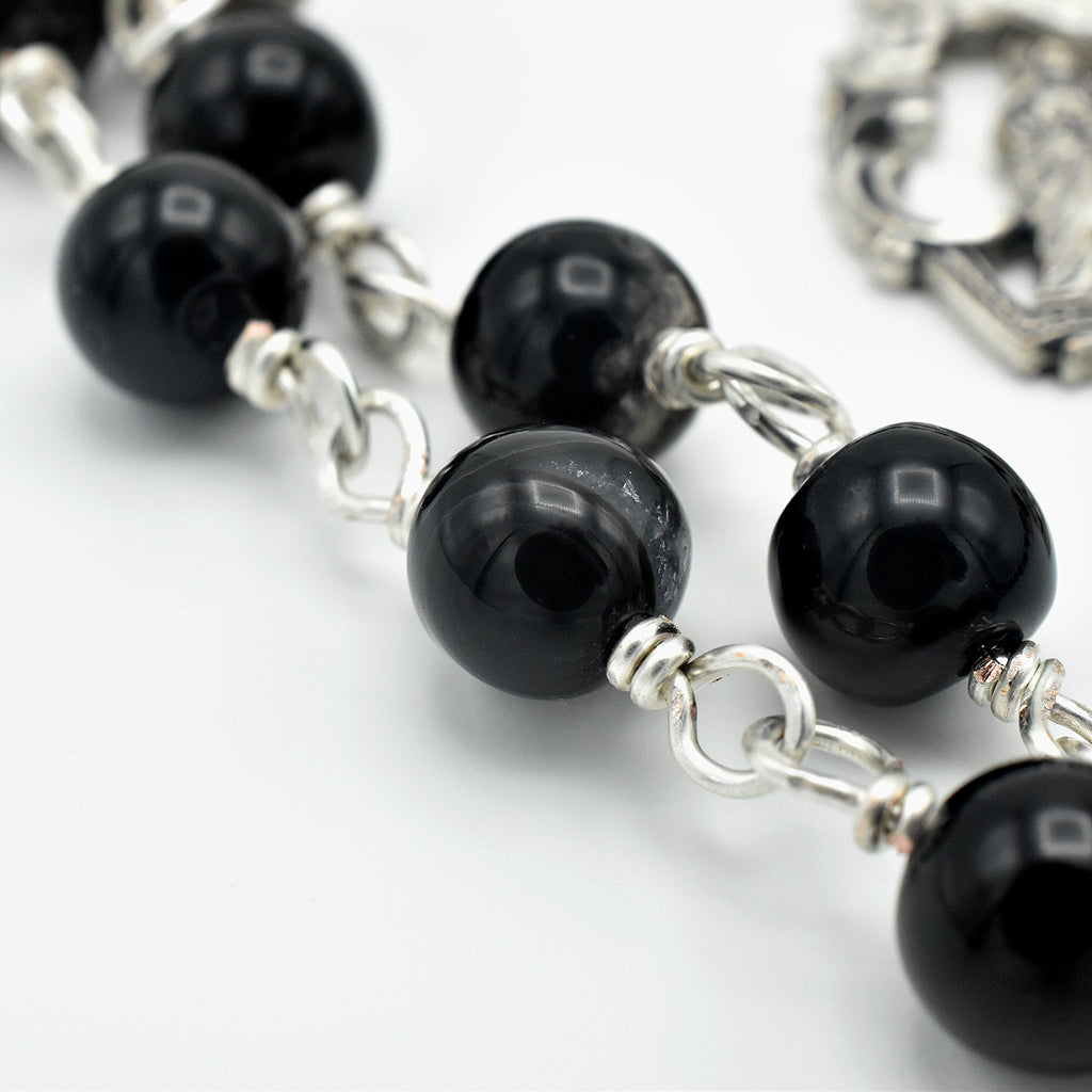 Handmade Silver-Plated Quartz & Black Agate Five-Decade Wall Rosary – One of One (33″ Length)