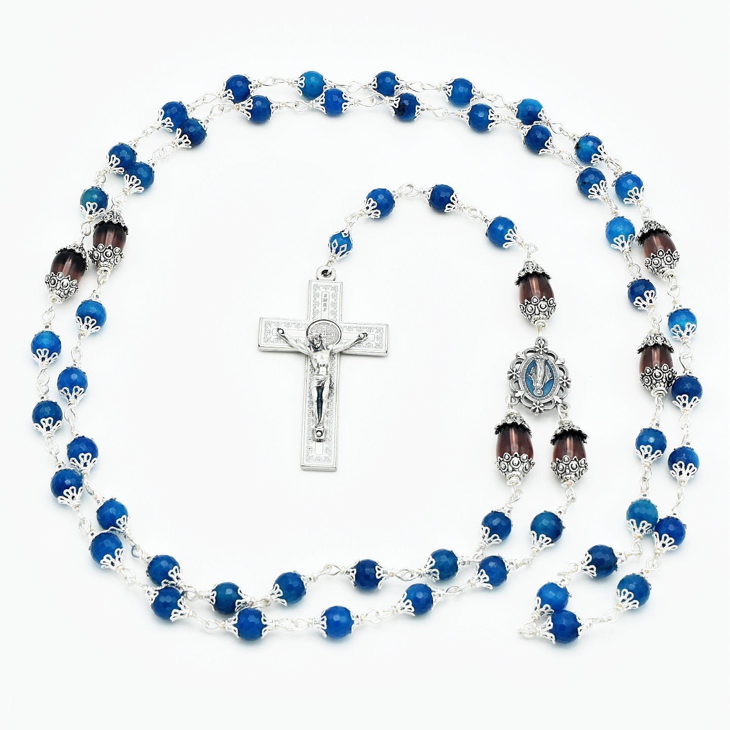 Handmade Silver-Plated Blue Fire Agate & Purple Glass Five-Decade Wall Rosary – One of One (40″ Length)