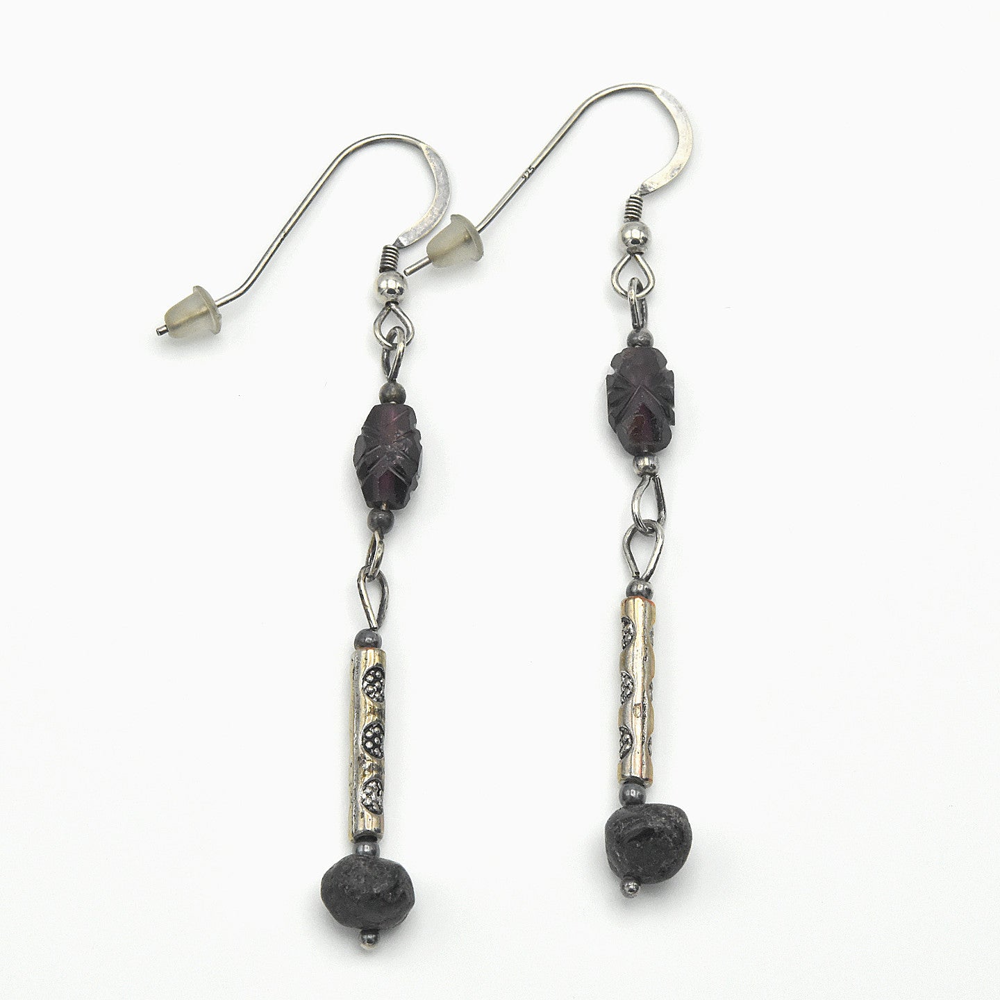 Handmade Almandite Garnet & Natural Stone Drop Earrings – Sterling Silver – One of One (2.5" Length)