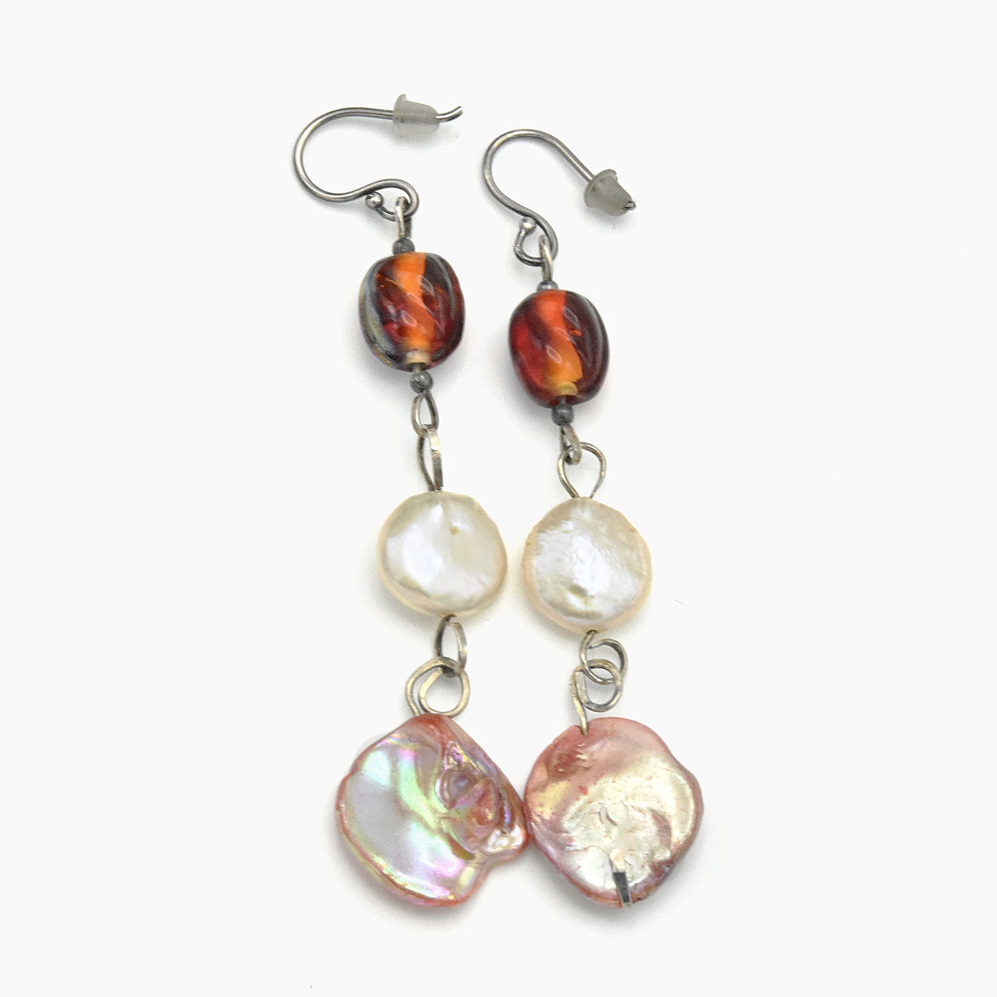 Handmade Lip Shell & Freshwater Pearl Dangle Earrings – One of One (3" Length)