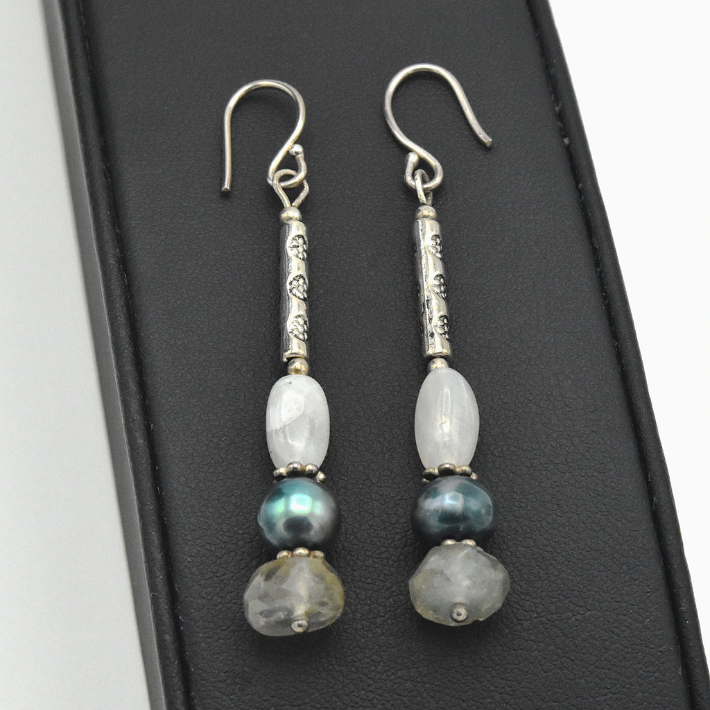 Handmade Moonstone & Labradorite Drop Earrings – One of One (2" Length)