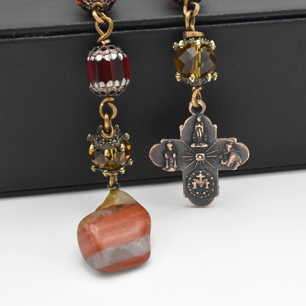 One-of-a-Kind Autumn Jasper Hand Rosary – Handmade Vintage Bronze & Cathedral Glass Chaplet