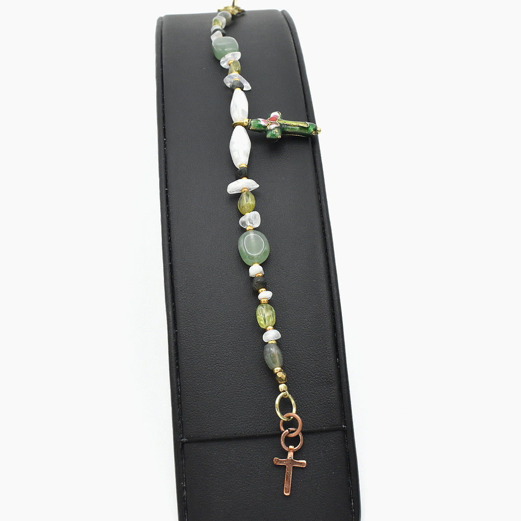 Handmade Gemstone Spiritual Bracelet – Cloisonné Cross – One of One (7.5-8" Length)