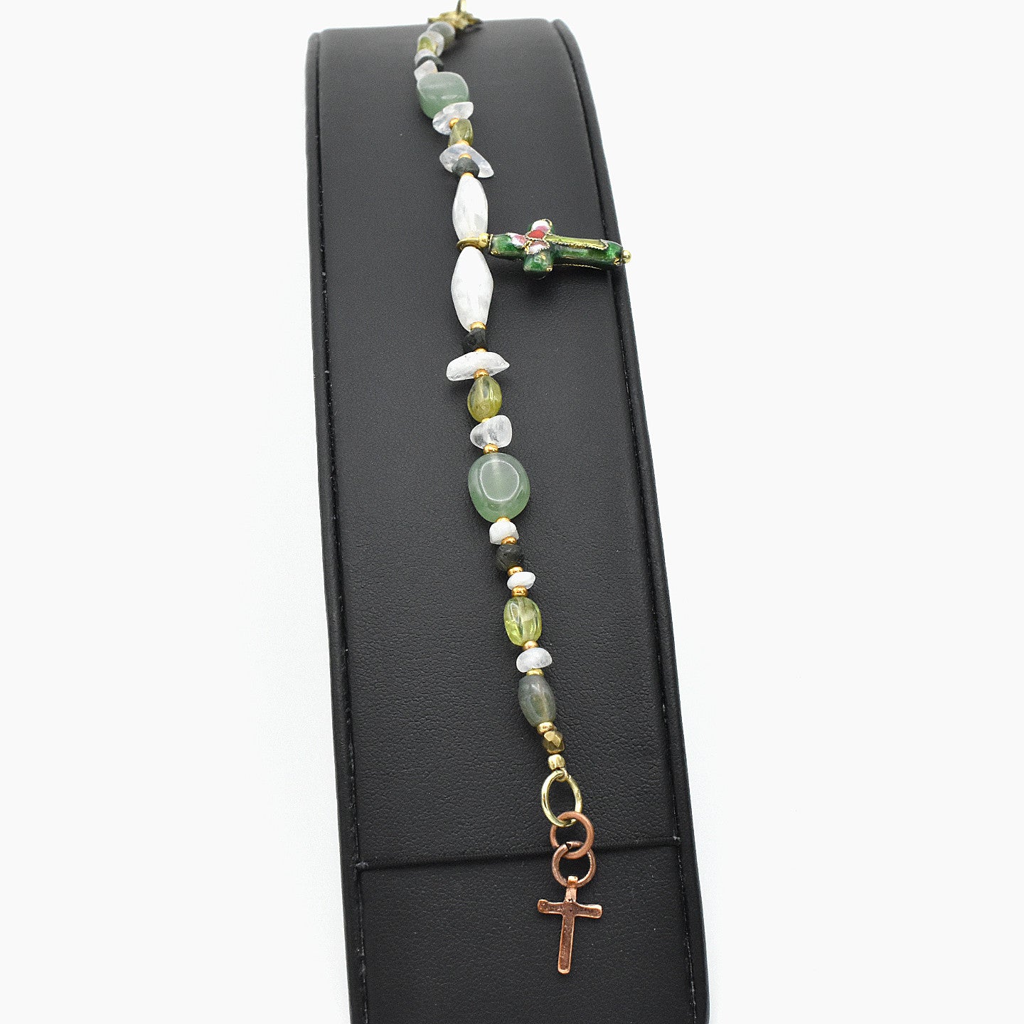Handmade Gemstone Spiritual Bracelet – Cloisonné Cross – One of One (7.5-8" Length)