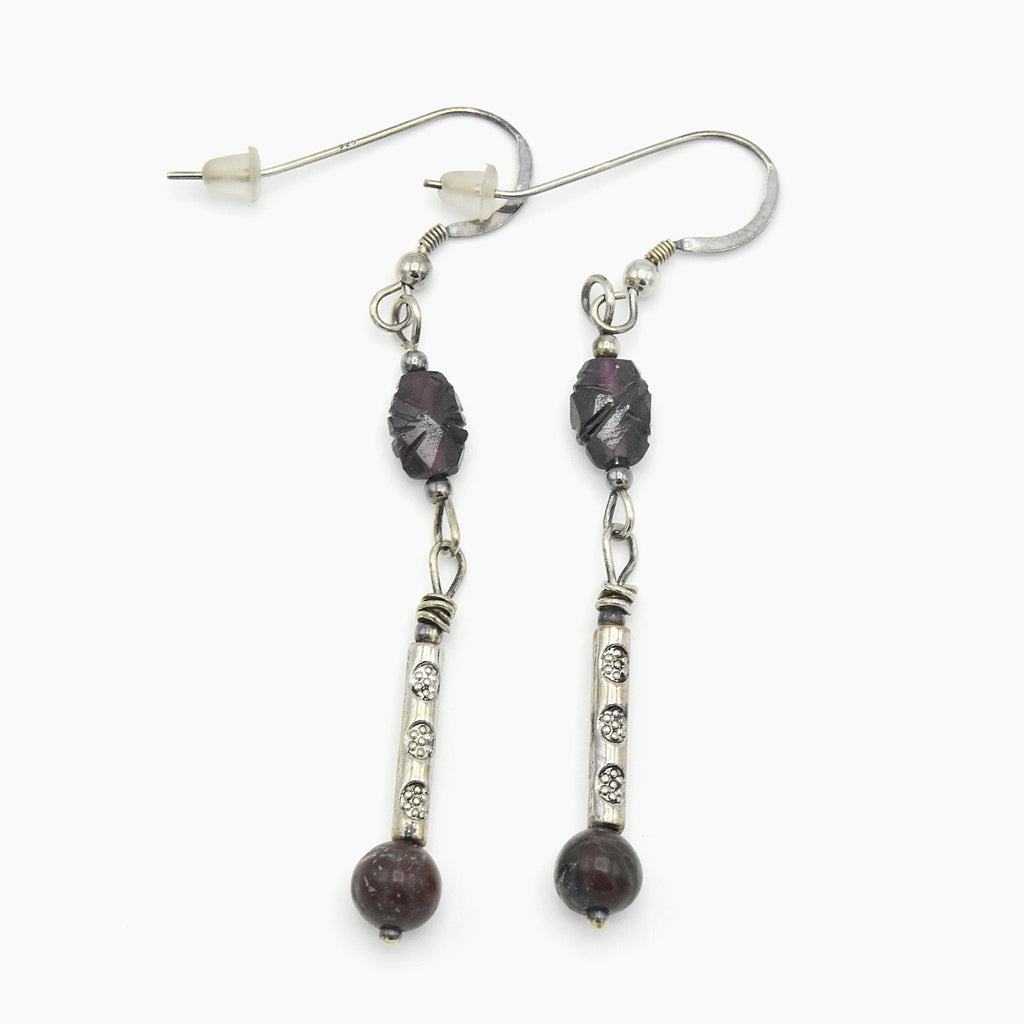 Handmade Garnet & Natural Stone Dangle Earrings – Sterling Silver Earwires – One of One (2.5" Length)